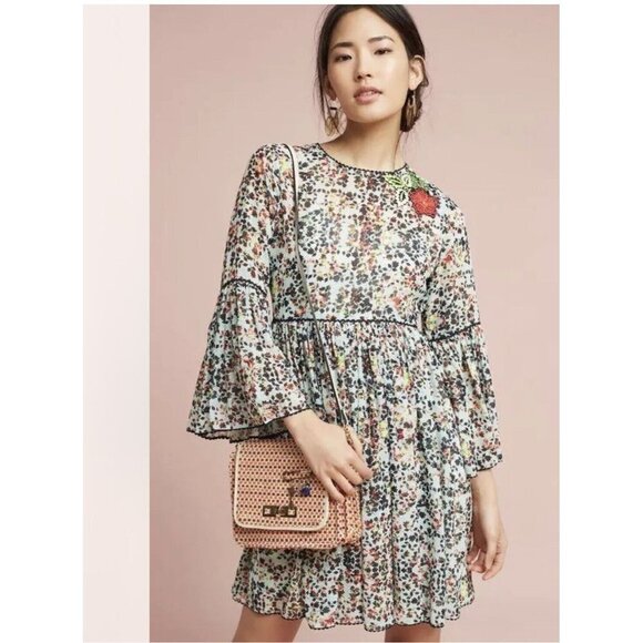 Bhanuni by Jyoti Anthropologie Libra Embroidered Tunic Dress Size 4 Green Floral - Picture 1 of 4